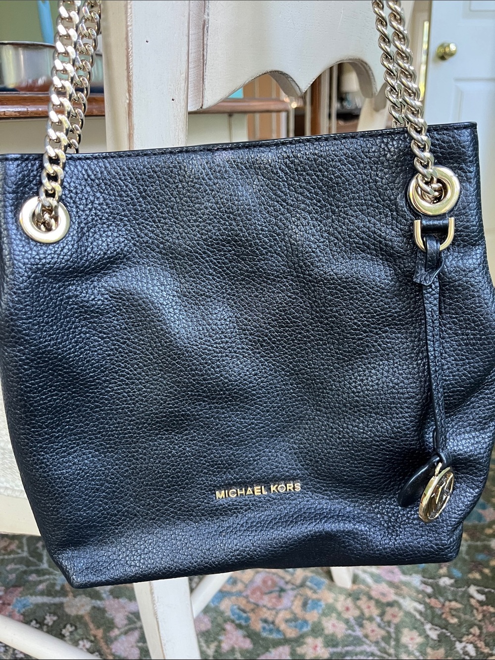 Michael Kors Black Pebbled Leather Shoulder Tote with Gold Chain Straps